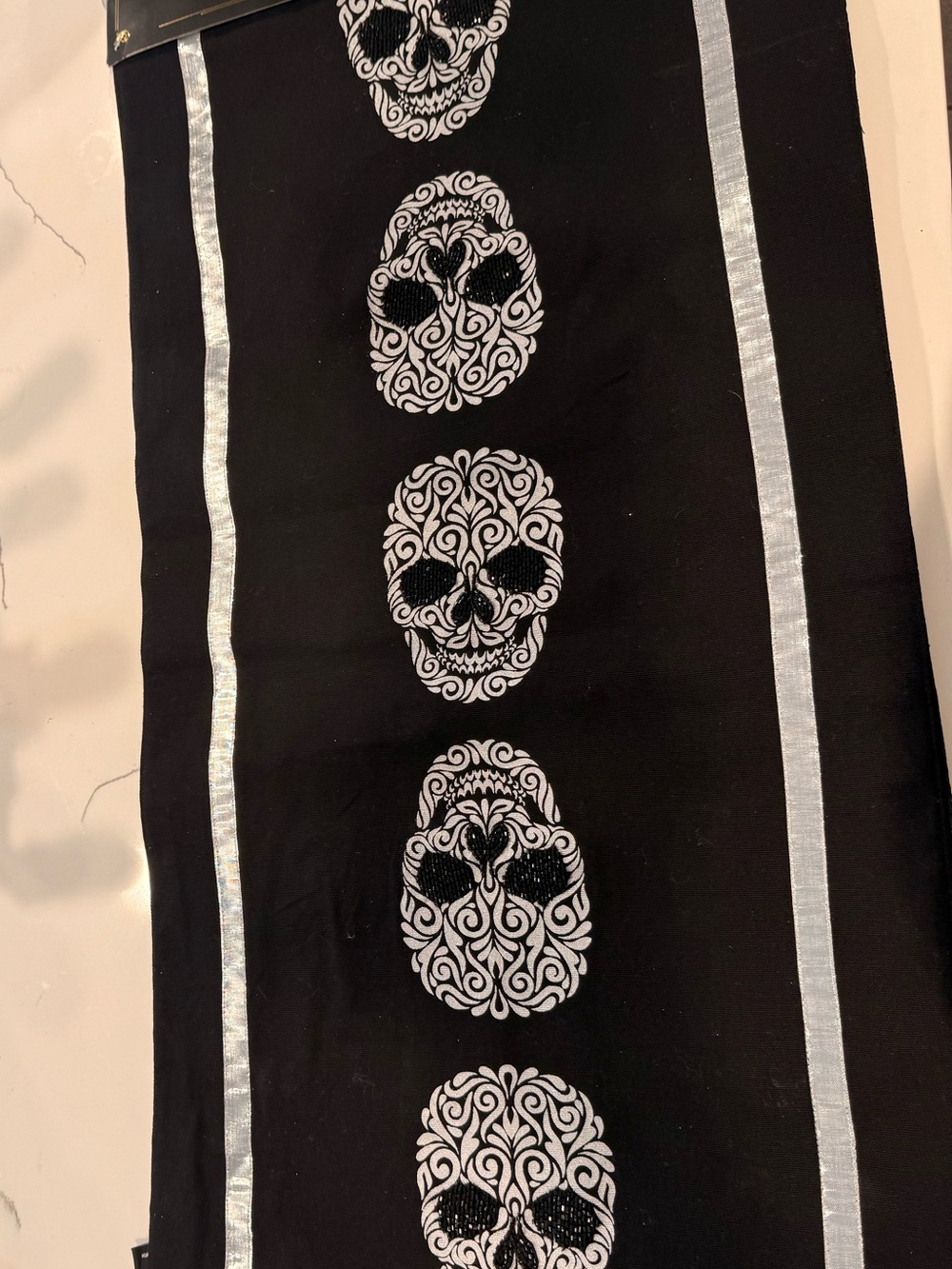Black Skull Pattern Table Runner with Silver Accents
